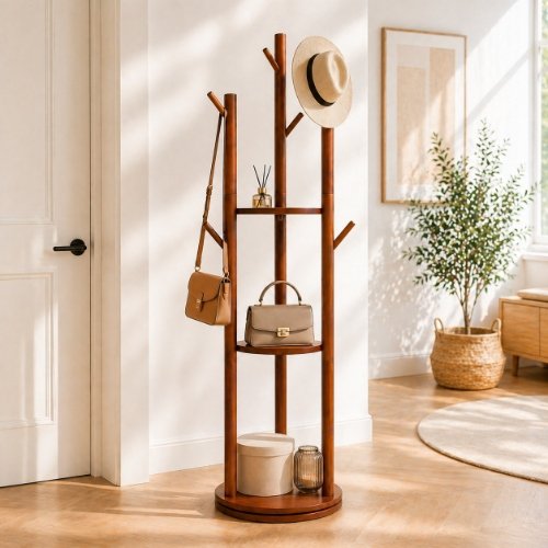 Freestanding Wooden Coat Rack with Shelves - Image 2