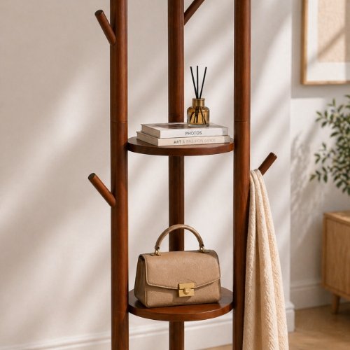 Freestanding Wooden Coat Rack with Shelves - Image 3