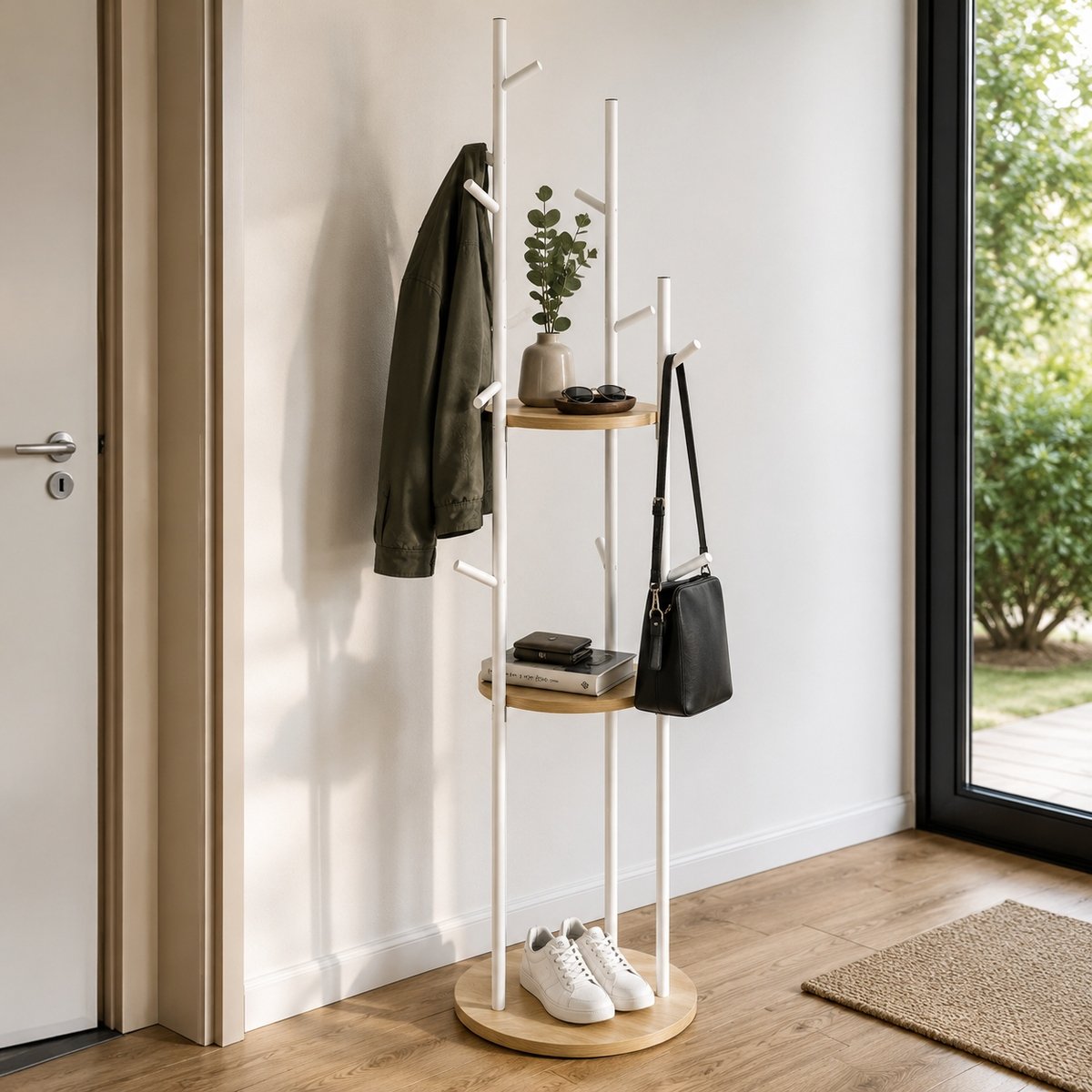 Freestanding Coat Rack with Storage Shelves