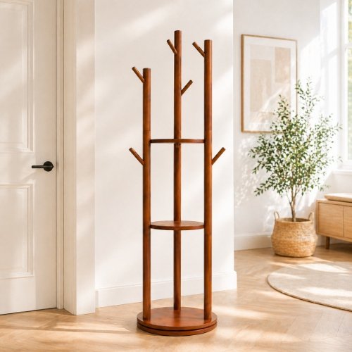 Freestanding Wooden Coat Rack with Shelves - Image 4
